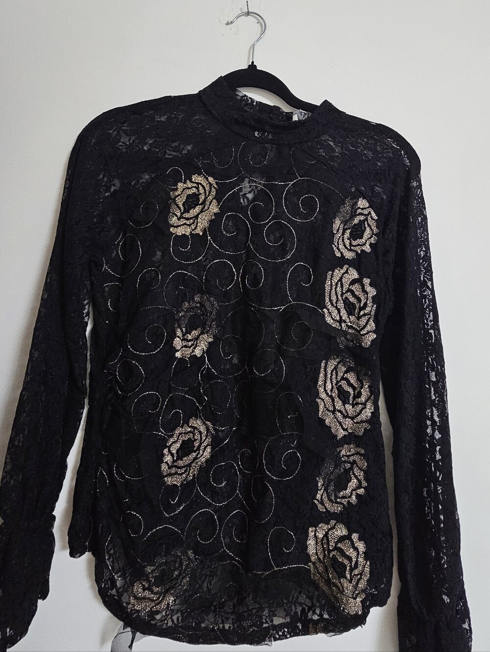 Ness Black Lace Long-Sleeve Blouse with Beige Rose Appliqué